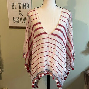 Lovestitch lightweight pompom trim one size poncho swim cover up